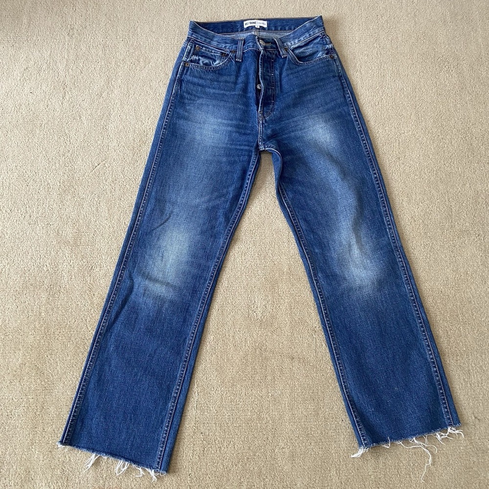 Re/Done 90's High Rise Loose Jeans Women's Size 26 Frayed Raw Hem Straight Dark